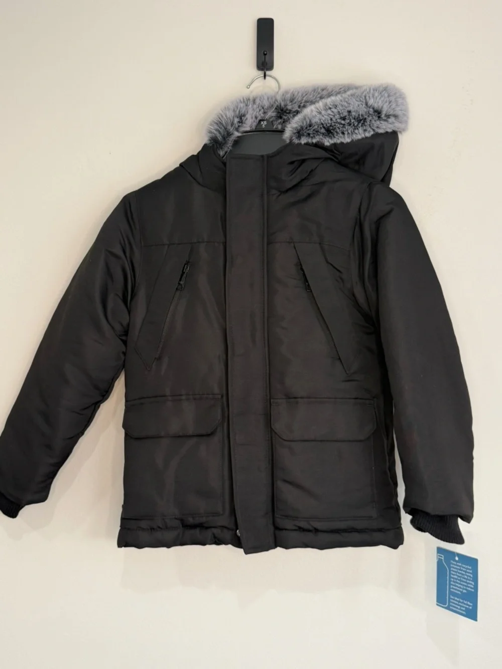 FALLS CREEK New $75 Youth Unisex XS 5 Black Gray Faux Fur Full Zip Hooded Parka